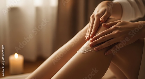 Wallpaper Mural Woman applying lotion or cream to her leg with gentle hands, a candle softly glows in the background, creating a relaxing atmosphere. Torontodigital.ca