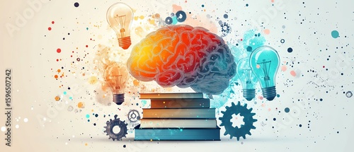 Online learning and success, AIgenerated collage of brain, books of knowledge, lightbulbs, and gears, representing digital education and innovative ideas, colorful design