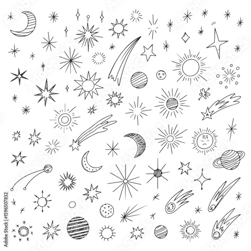 Whimsical hand-drawn celestial elements including moons stars suns and comets