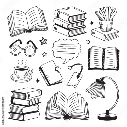 Cozy reading elements stack of books glasses hot drink and lamp illustration