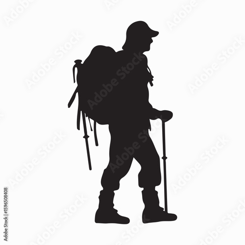 Silhouette of a hiker with backpack and trekking poles