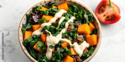 Sweet potato & kale bowl with tahini drizzle, vibrant colors, healthy lunch,  meal prep,   balanced meal