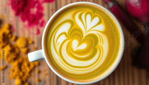 Swirling latte art in matcha, turmeric, beetroot & classic coffee Top-down view,   background,  summer