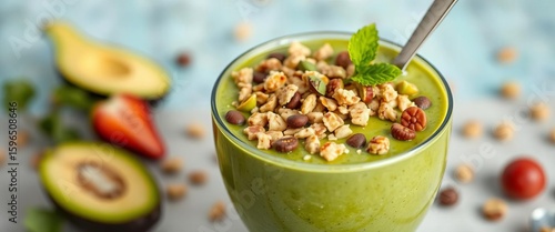 Vibrant green smoothie bowl, pistachio granola topping,   food,  food photography