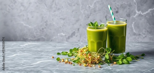 Vibrant green wheatgrass juice & sprouts on grey marble,   natural,  marble