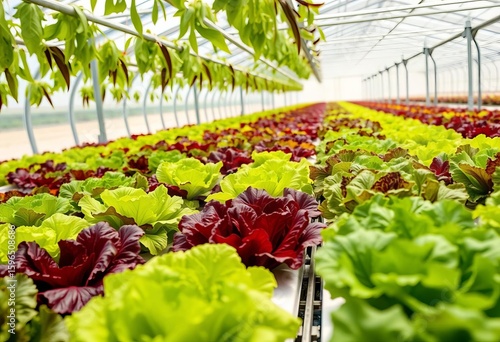 Vibrant hydroponic lettuce varieties thriving in a greenhouse,   leafy greens,   produce