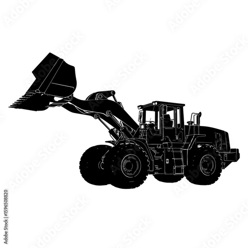 Heavy Duty Front End Loader Silhouette - Construction Vehicle Icon, Industrial Wheel Loader Vector Illustration - Earth moving Machinery, Isolated Black Excavator with Raised Bucket - Site Equipment.