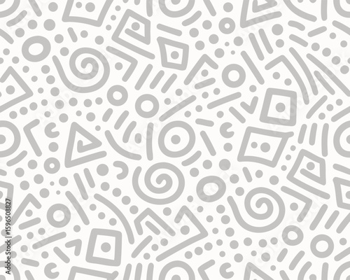 Modern abstract grey geometric pattern design with spiral shapes dots and lines for backgrounds.