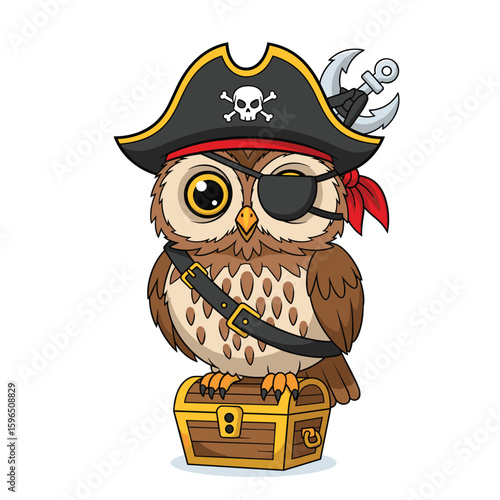 Cartoon Owl Pirate with Treasure Chest