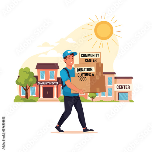Cartoon Man Walking with Building Background