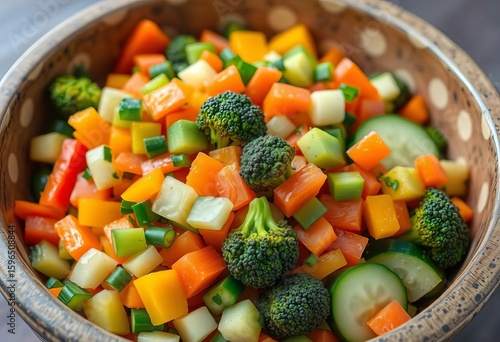 Vibrant medley of chopped bell peppers, carrots, broccoli, and cucumbers in a rustic bowl,  bell peppers,  clean eating