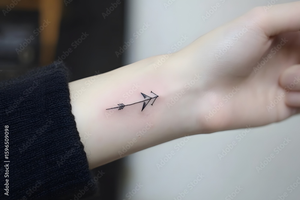 Obraz premium Minimalist Black Arrow Tattoo on a Female Wrist in Soft Lighting