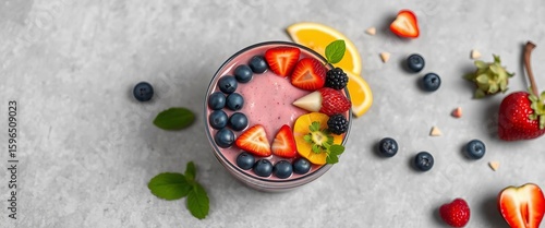 Vibrant smoothie bowl with colorful fruit toppings on grey textured background,  healthy food,  granola