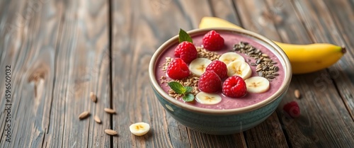 Vibrant smoothie bowl with banana, raspberries & seeds on rustic wood, wellness, flat lay