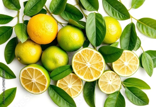 Vibrant whole and halved limes with lush green leaves, isolated on white ,  bright,  flatlay