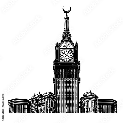 Mecca Clock Tower Silhouette - Islamic Holy City Landmark,  Abraj Al-Bait Tower Vector - Modern Islamic Architecture, Isolated Black Silhouette of Mecca Royal Clock Tower.