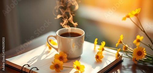 Warm morning light on yellow flowers beside a steaming coffee cup atop a notebook,  blossom, paper