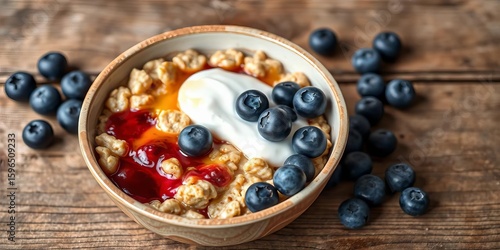 Warm oatmeal with blueberries and yogurt in a bowl on rustic wood  ,   background,   sweet