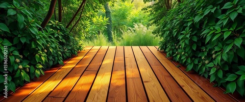 Warm-toned wood planks framed by lush greenery, creating a serene, natural setting,  design,  sunlight