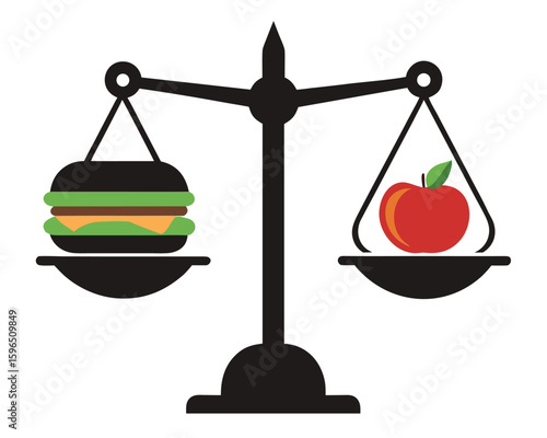 Illustration comparing healthy apple and unhealthy burger on scales for dietary choices.