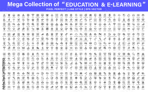 Mega Collection of Education and e-learning icons in line style. Learning icons for web and mobile app. E-learning, video tutorial, knowledge, study, school, university, webinar, online education.