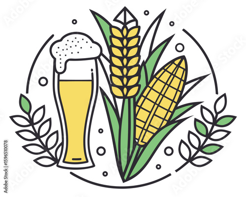 Beer glass with wheat corn and decorative elements for a brewpub or brewery logo.