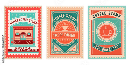 1950s diner-style coffee stamp, bright red and teal palette, worn print effect
