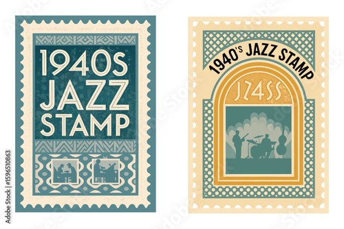1940s American stamp with jazz band playing in a smoky bar, muted colors, grainy texture