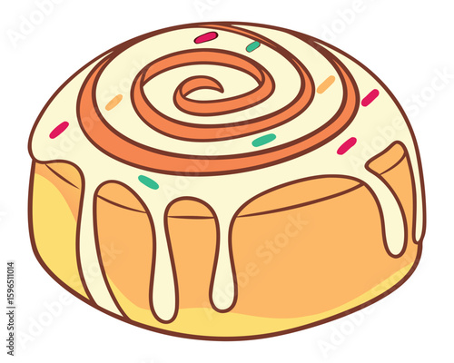 Deliciously illustrated cinnamon roll drizzled with icing and colorful sprinkles for dessert.