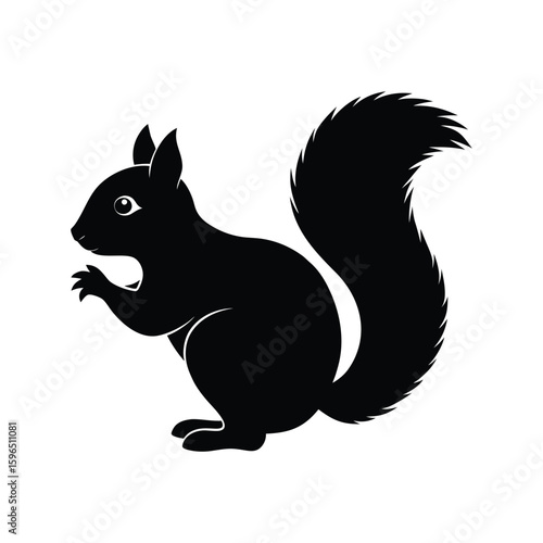 Black silhouette of a squirrel with a bushy tail on a white background