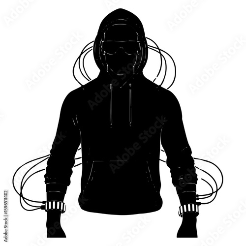 Bound Person Silhouette Graphic, Human Figure Tied with Rope Icon, Captive Person in Hoodie Illustration, Symbol of Restriction and Struggle.