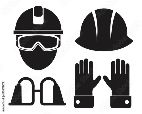 Safety equipment icons set depicting hard hats goggles gloves for protection in construction.