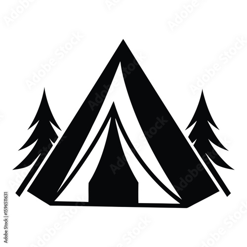 Black silhouette of a triangular tent with two pine trees