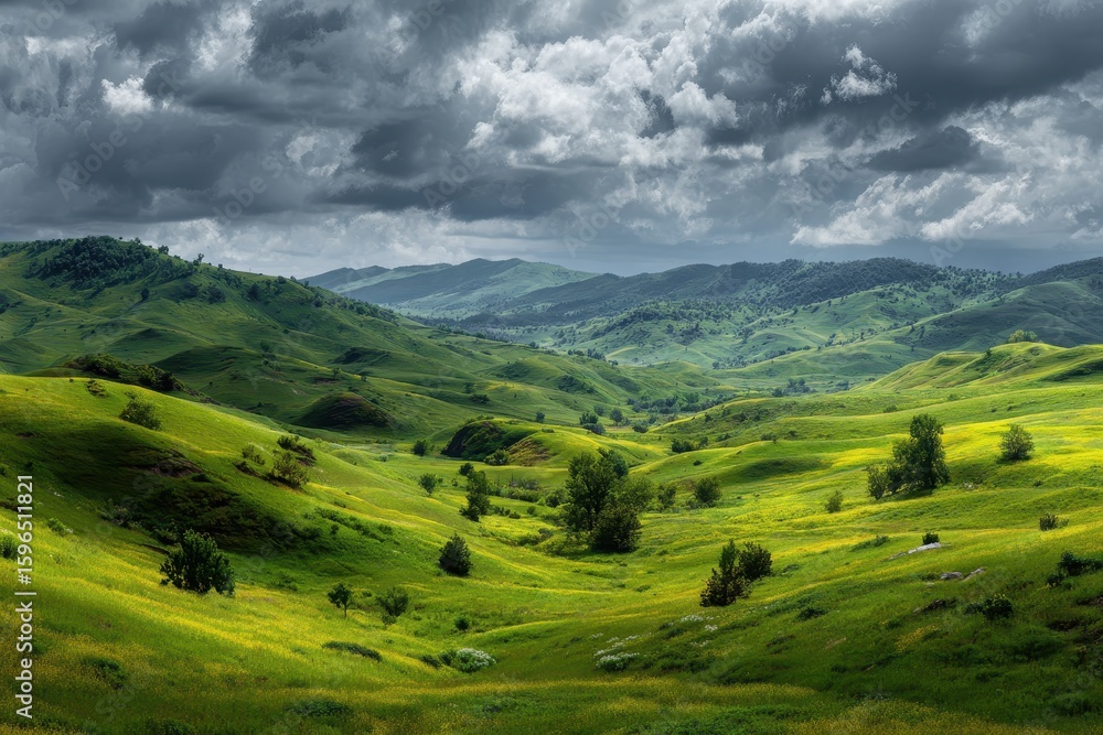 Obraz premium Valley landscape under storm cloudscape for inspirational/wellness/background image