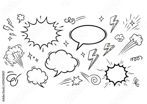 Comic-style speed lines graphic featuring  explosions and lightning in black and white
