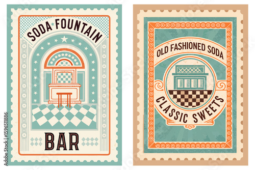 Stamp design with an old-fashioned soda fountain bar, checkerboard floor, retro font