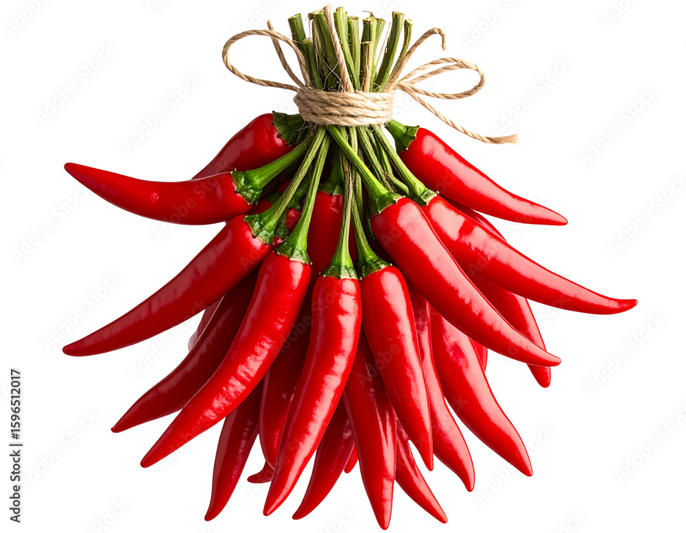 Bunch of Red Chili Peppers Tied with Twine, Rustic Style Bunch of Red Chili Peppers Tied with Twine, Rustic Style