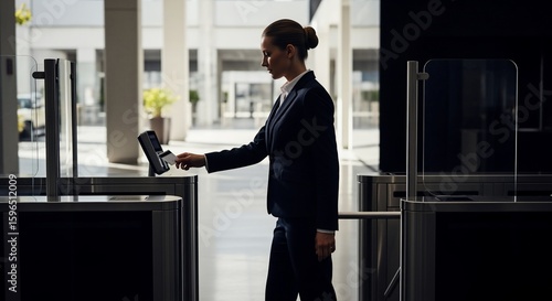 Elegant Businesswoman Accessing Modern Security Gate with Card Reader in Bright Lobby