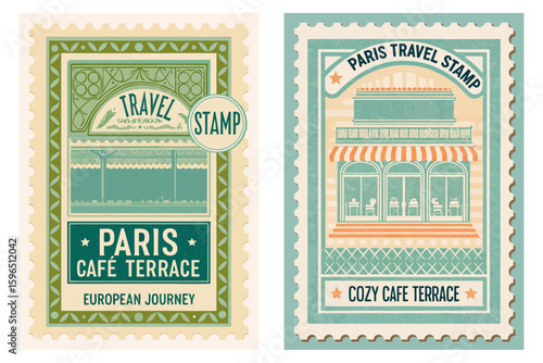 Vintage European travel stamp featuring a cozy cafe terrace in Paris