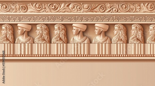 Classical Relief Frieze of Female Portraits on Light Beige Architectural Molding