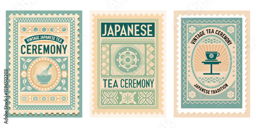 Vintage Japanese tea ceremony stamp, subtle colors, traditional patterns, antique finish