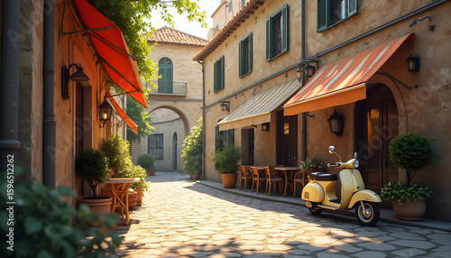 Fototapeta Naklejka Na Ścianę i Meble -  traditional Italian street with cobblestone alley, small café, hanging laundry