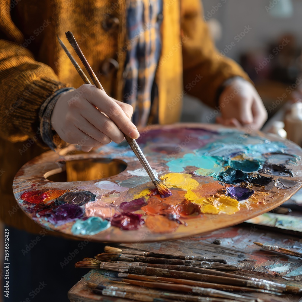 Fototapeta premium Young painter mixing colors on a palette with brushes nearby.