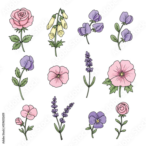 Collection of delicate hand-drawn flowers in pastel colors on a white background