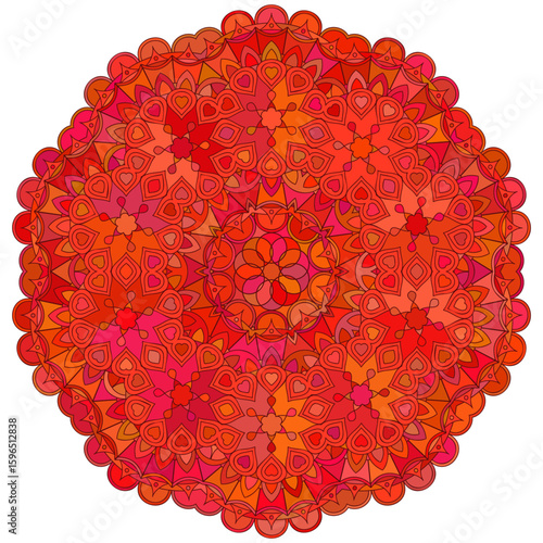 Asian red floral mandala. Vector ethnic circular ornament. Stylish design in vivid shades