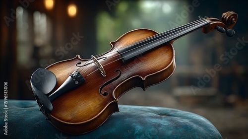 A macro shot of a violin's strings and bow resting on a velvet-covered chair, with the blurred background showing other orchestral instruments waiting in the dim backstage area.