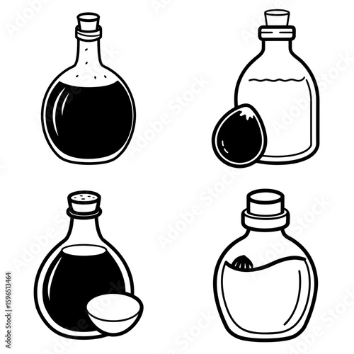 Illustration of four bottles with different contents and shapes arranged in a square format on white background