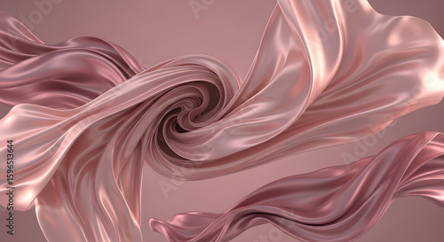 Elegant rose gold fabric forms swirling waves in a 3D abstract gradient design.