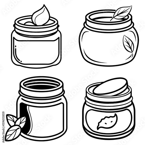 Illustration of four cosmetic cream jars with leaves and cream in black and white outline style drawing