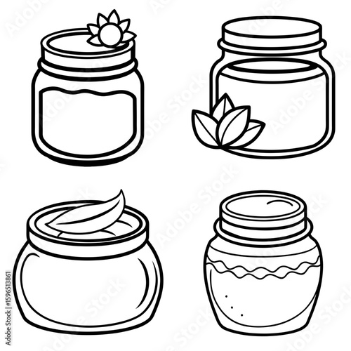 Illustration of four cosmetic jars with different shapes and leaf decorations in black and white outline